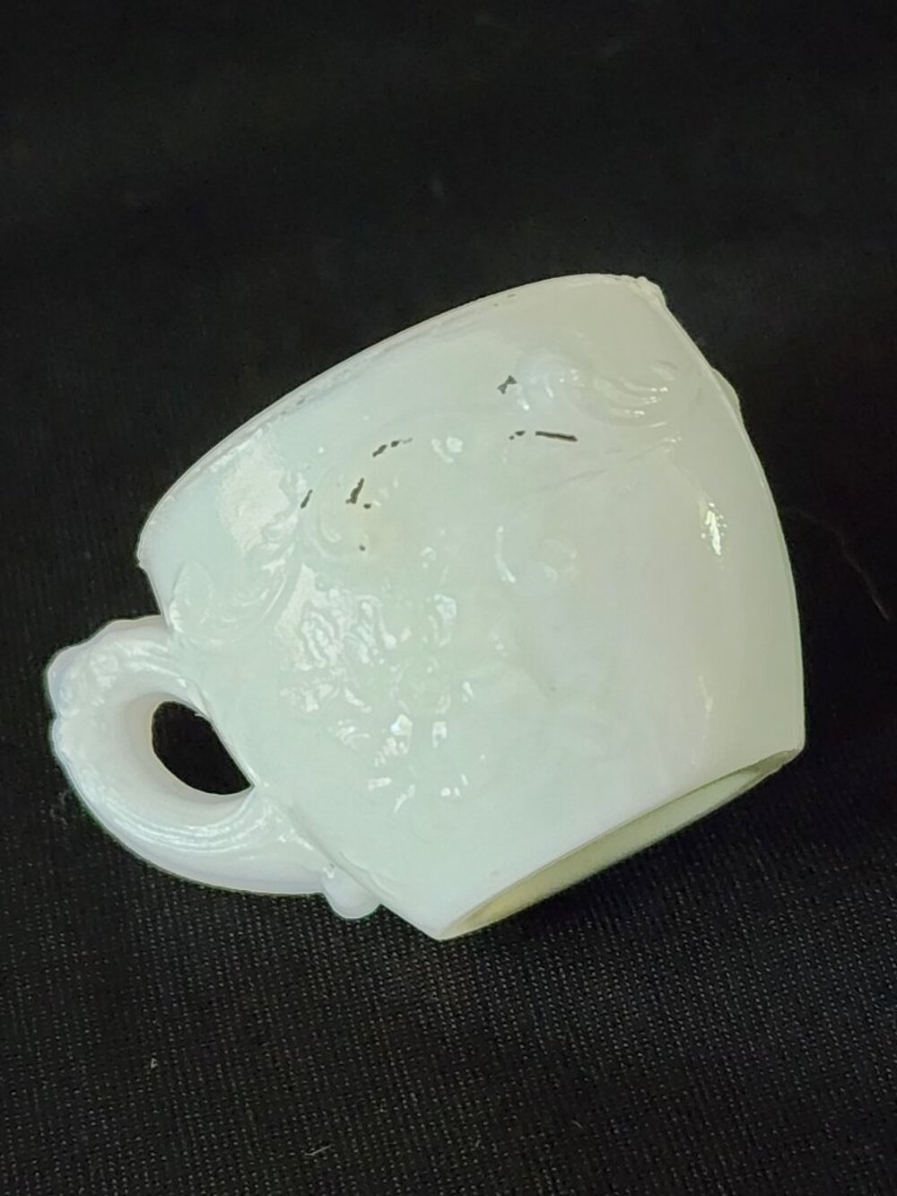 Antique Victorian Early 1900s Milk Glass Toy Cup Scroll & Wild Rose Tea Cup